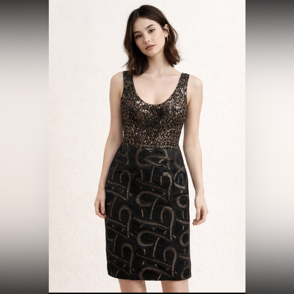 David Meister Black and sleeveless Gold Sequin Dress